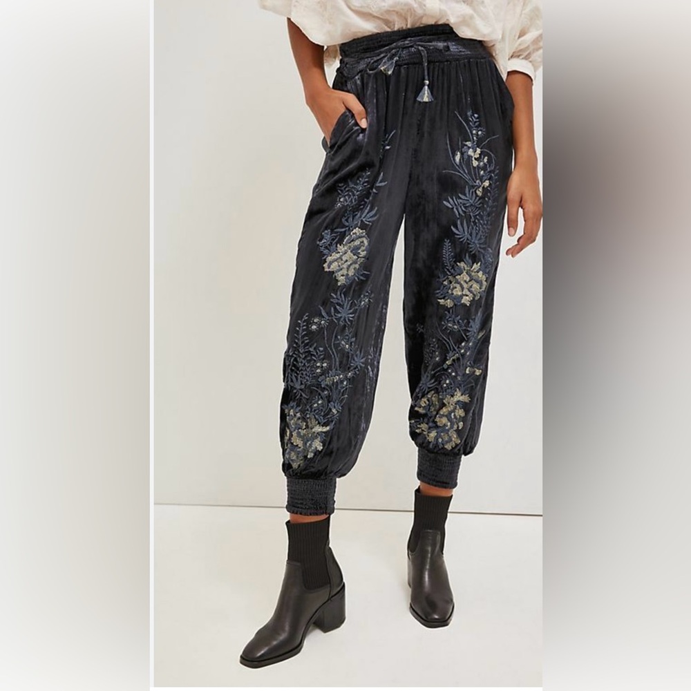 Anthropologie Velvet Jogger with embroidery Size Large